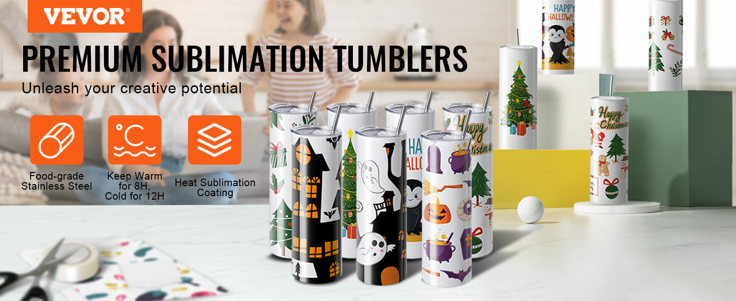 VEVOR sublimation tumblers display with festive designs, food-grade stainless steel, and heat sublimation coating.