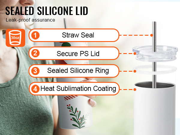 woman holding 30oz VEVOR sublimation tumbler with sealed silicone lid, straw seal, ps lid, sublimation coating.