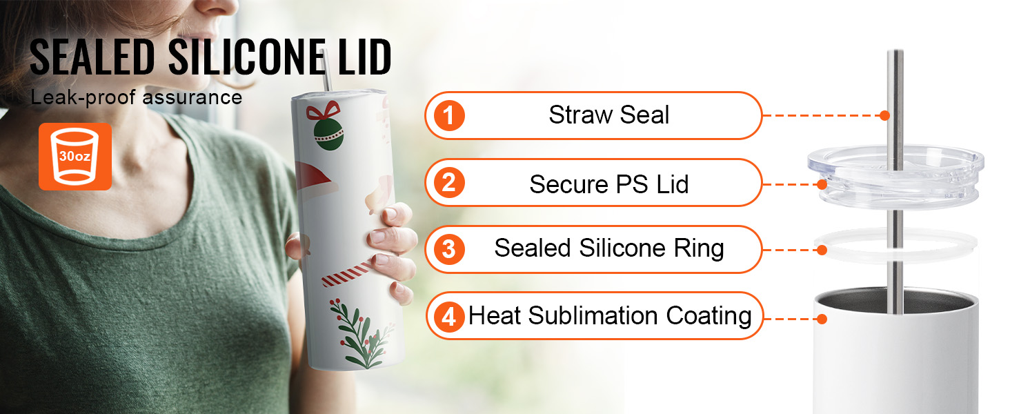 woman holding 30oz VEVOR sublimation tumbler with sealed silicone lid, straw seal, ps lid, sublimation coating.