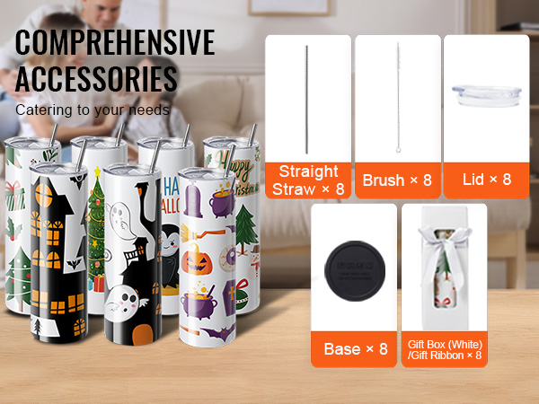 VEVOR sublimation tumblers with halloween and christmas designs, plus straws, brushes, lids, and gift boxes.