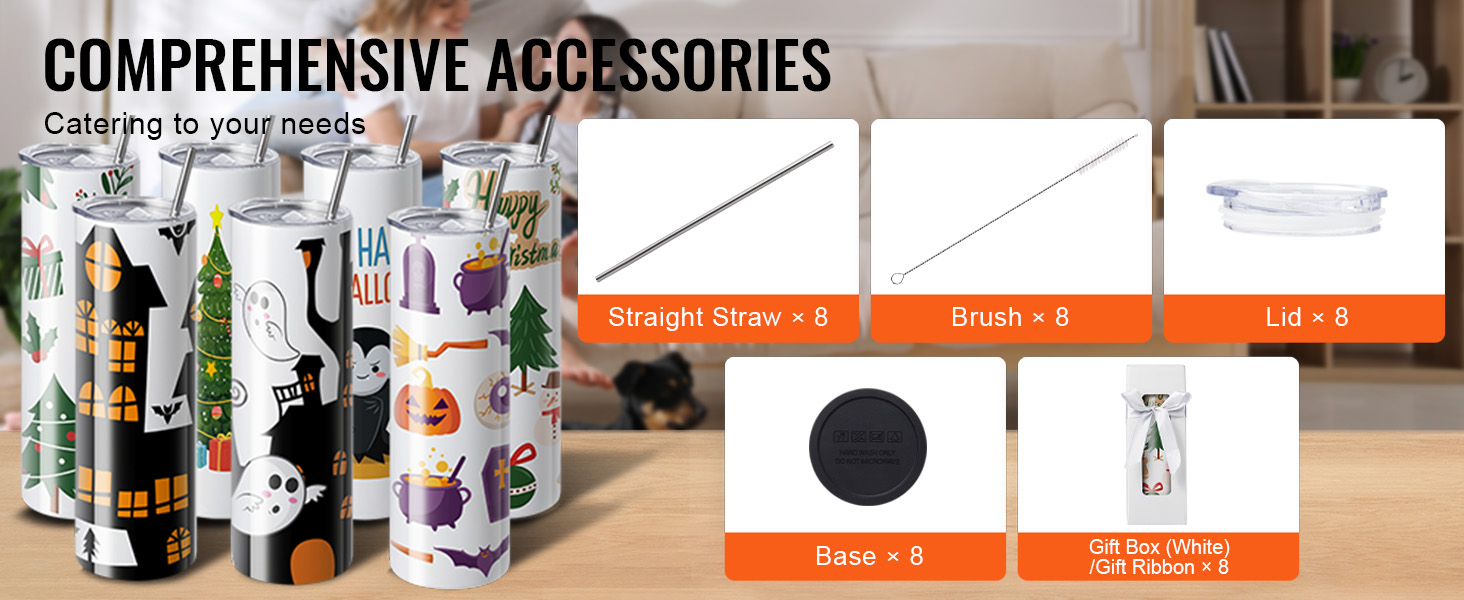 VEVOR sublimation tumblers with halloween and christmas designs, plus straws, brushes, lids, and gift boxes.
