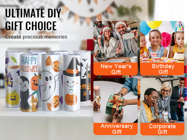 VEVOR sublimation tumblers ideal for diy gift, shown with holiday and event accessories on a decorated table.