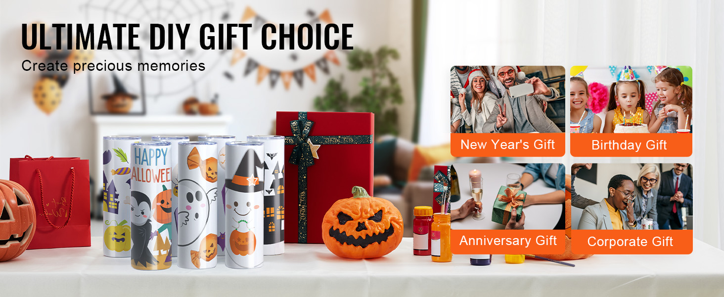 VEVOR sublimation tumblers ideal for diy gift, shown with holiday and event accessories on a decorated table.