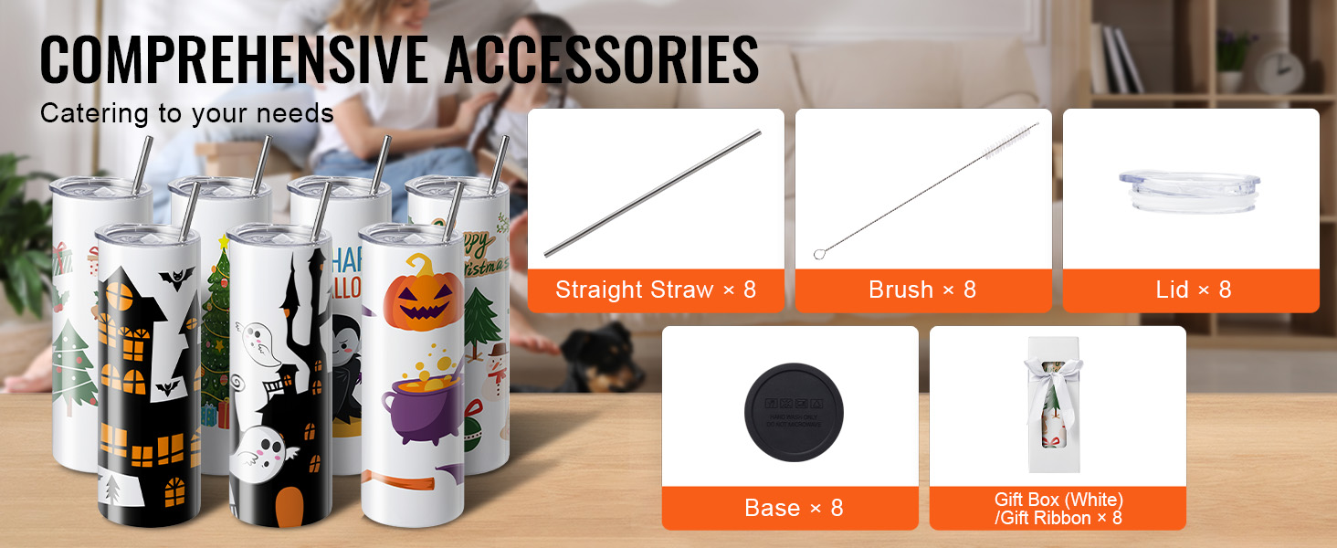 VEVOR sublimation tumblers with halloween and christmas designs, complete accessories set.
