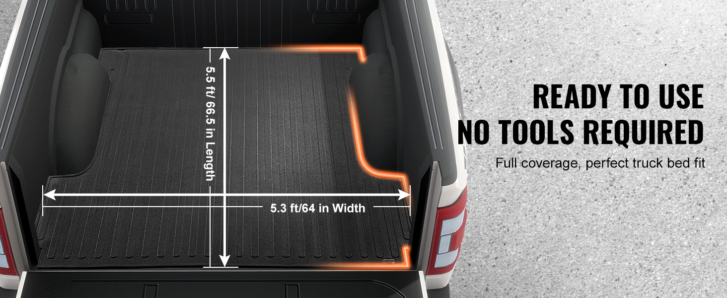 VEVOR truck bed mat dimensions labeled, emphasizing easy installation and perfect fit.