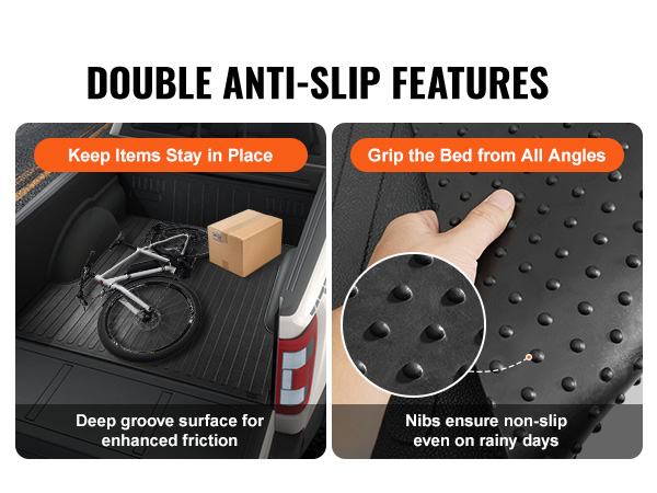 VEVOR truck bed mat with deep grooves for friction and nibbed surface for anti-slip grip.