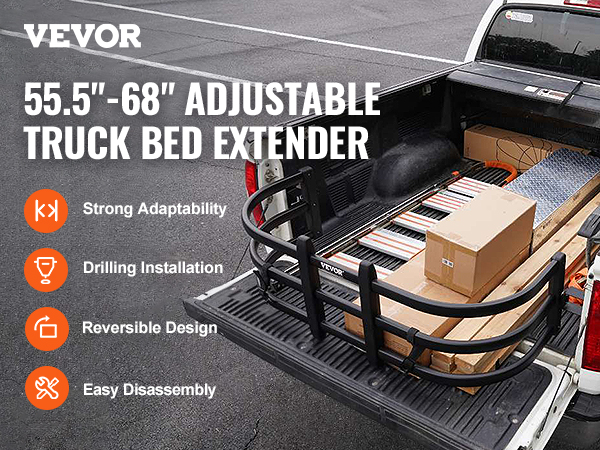VEVOR truck bed extender on a pickup truck loaded with boxes and lumber, giving extra bed space.
