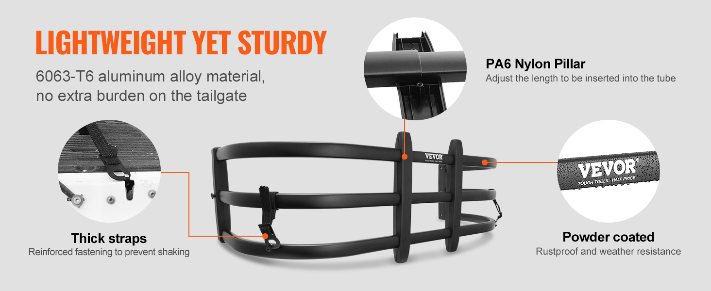 VEVOR truck bed extender with thick straps, pa6 nylon pillar, and powder-coated finish for durability.