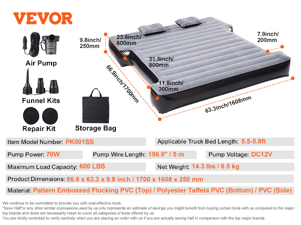 VEVOR truck bed air mattress, dimensions 66.9 x 63.3 x 9.8 inches with air pump, funnel kits, repair kit, and storage bag.