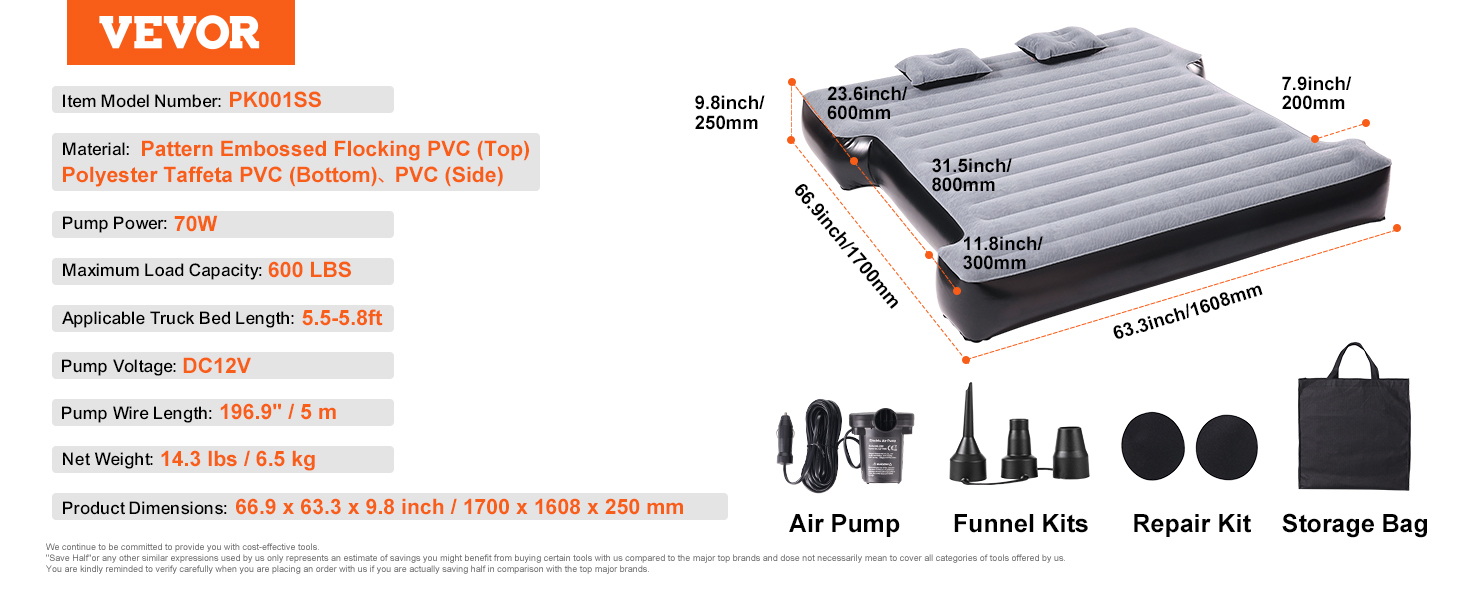 VEVOR truck bed air mattress, dimensions 66.9 x 63.3 x 9.8 inches with air pump, funnel kits, repair kit, and storage bag.