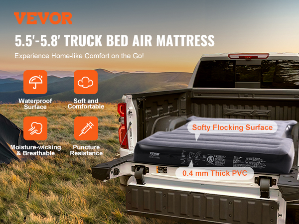VEVOR truck bed air mattress with waterproof, soft, breathable, and puncture-resistant features.