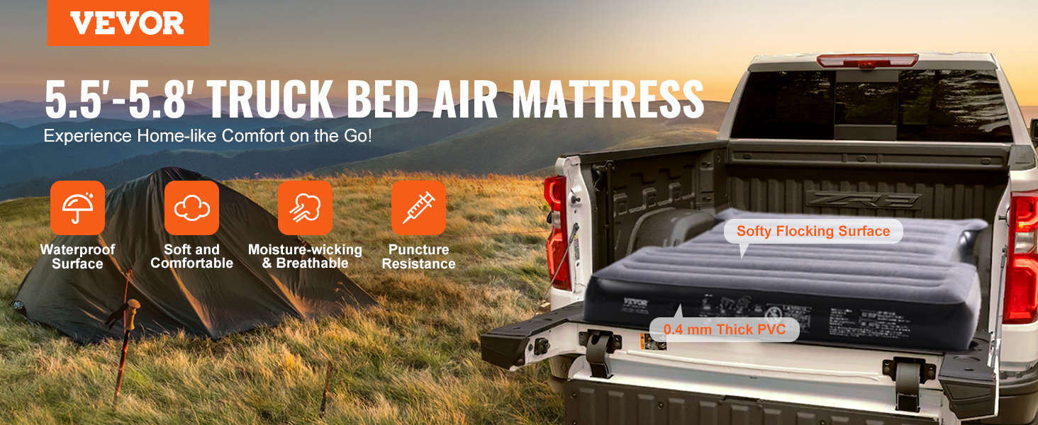 VEVOR truck bed air mattress with waterproof, soft, breathable, and puncture-resistant features.