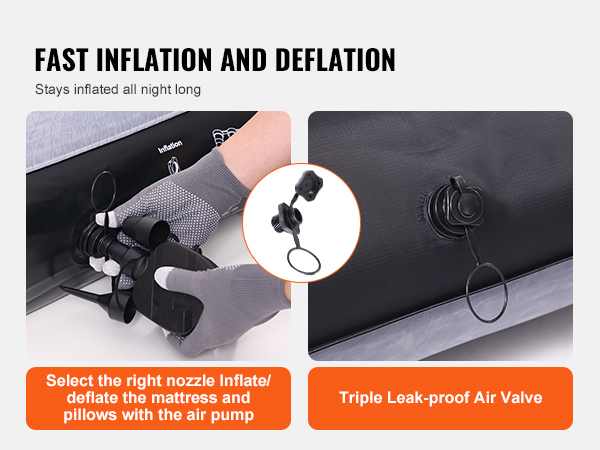 VEVOR truck bed air mattress with fast inflation, deflation, and triple leak-proof air valve.