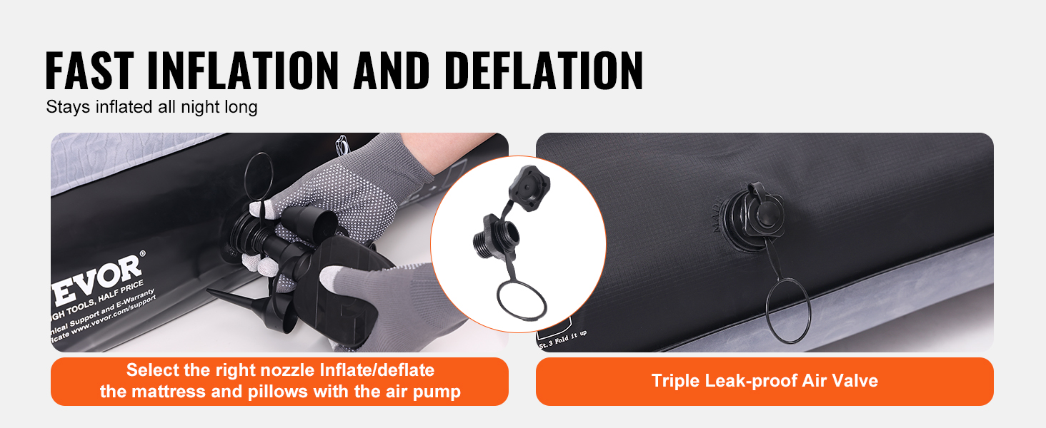 VEVOR truck bed air mattress with fast inflation, deflation, and triple leak-proof air valve.