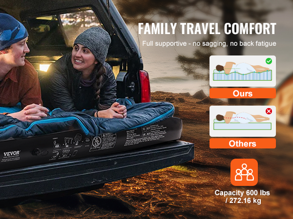 VEVOR truck bed air mattress for family travel comfort, supports up to 600 lbs, no sagging or back fatigue.