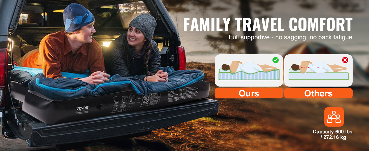 VEVOR truck bed air mattress for family travel comfort, supports up to 600 lbs, no sagging or back fatigue.