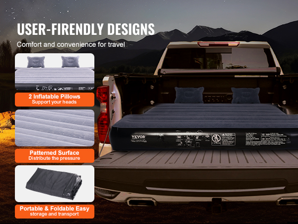 truck with VEVOR truck bed air mattress, 2 inflatable pillows, patterned surface, and portable design.