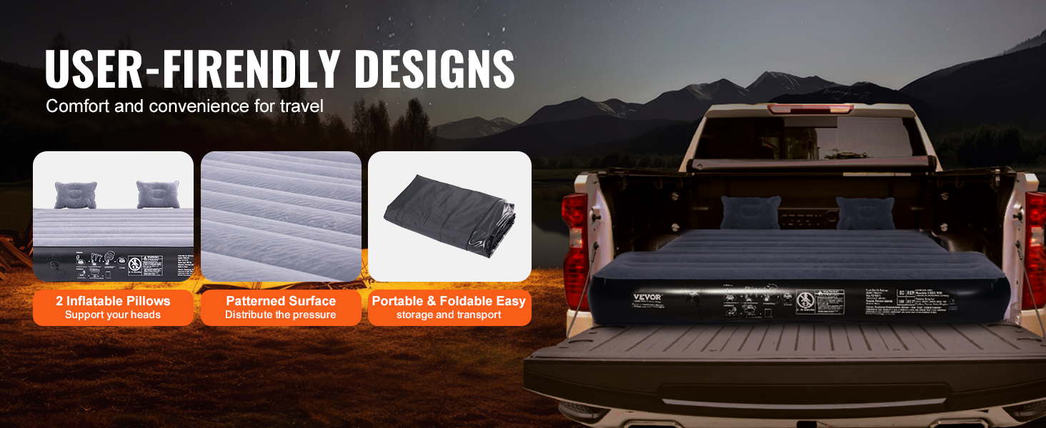 truck with VEVOR truck bed air mattress, 2 inflatable pillows, patterned surface, and portable design.