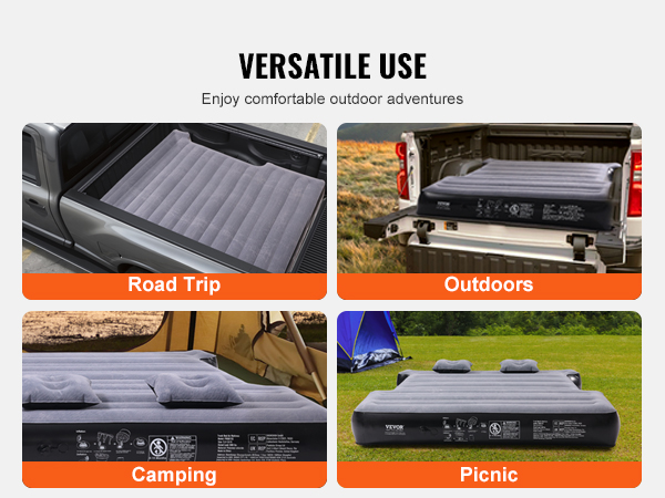VEVOR truck bed air mattress, ready for road trips, outdoor adventures, camping, and picnics.