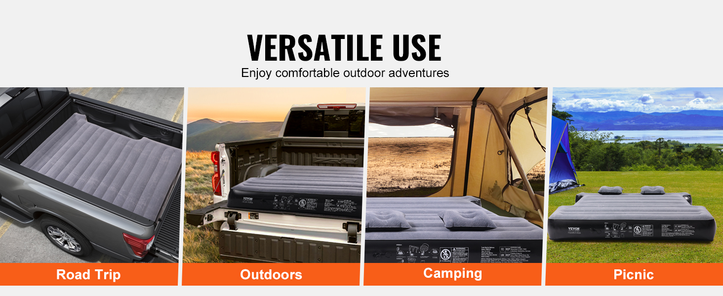 VEVOR truck bed air mattress, ready for road trips, outdoor adventures, camping, and picnics.