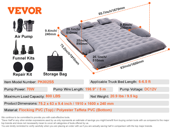 VEVOR truck bed air mattress, 70w pump, 800 lbs capacity, 75.2x63x9.4 inches, includes repair kit and bag.