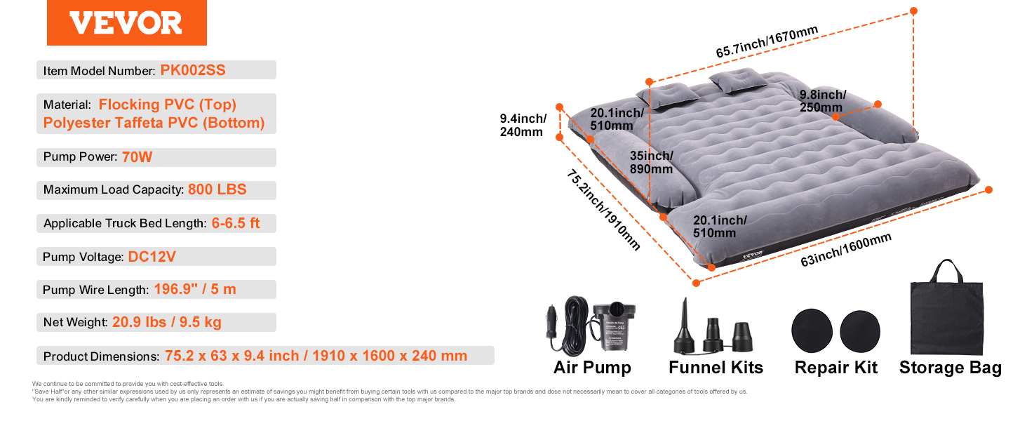 VEVOR truck bed air mattress, 70w pump, 800 lbs capacity, 75.2x63x9.4 inches, includes repair kit and bag.