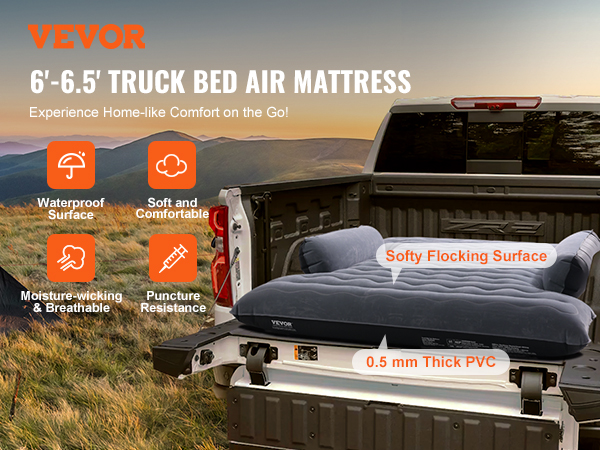 VEVOR truck bed air mattress camping setup in truck with sunset background, showing key features.