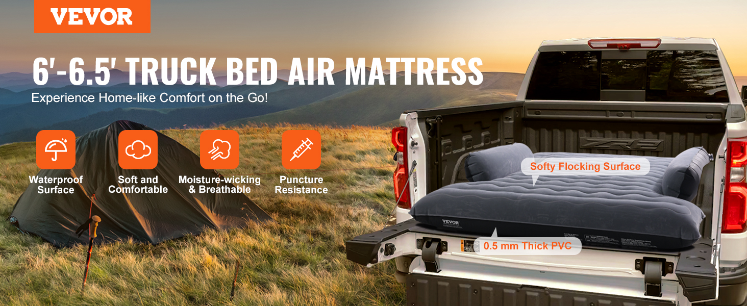 VEVOR truck bed air mattress camping setup in truck with sunset background, showing key features.
