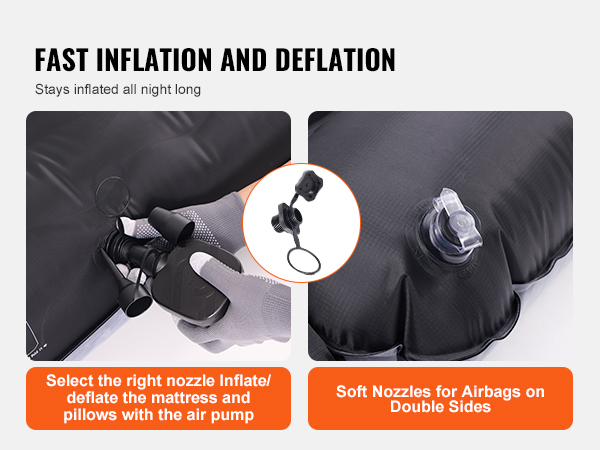 fast inflation and deflation for VEVOR truck bed air mattress, showing nozzles and air pump connection.