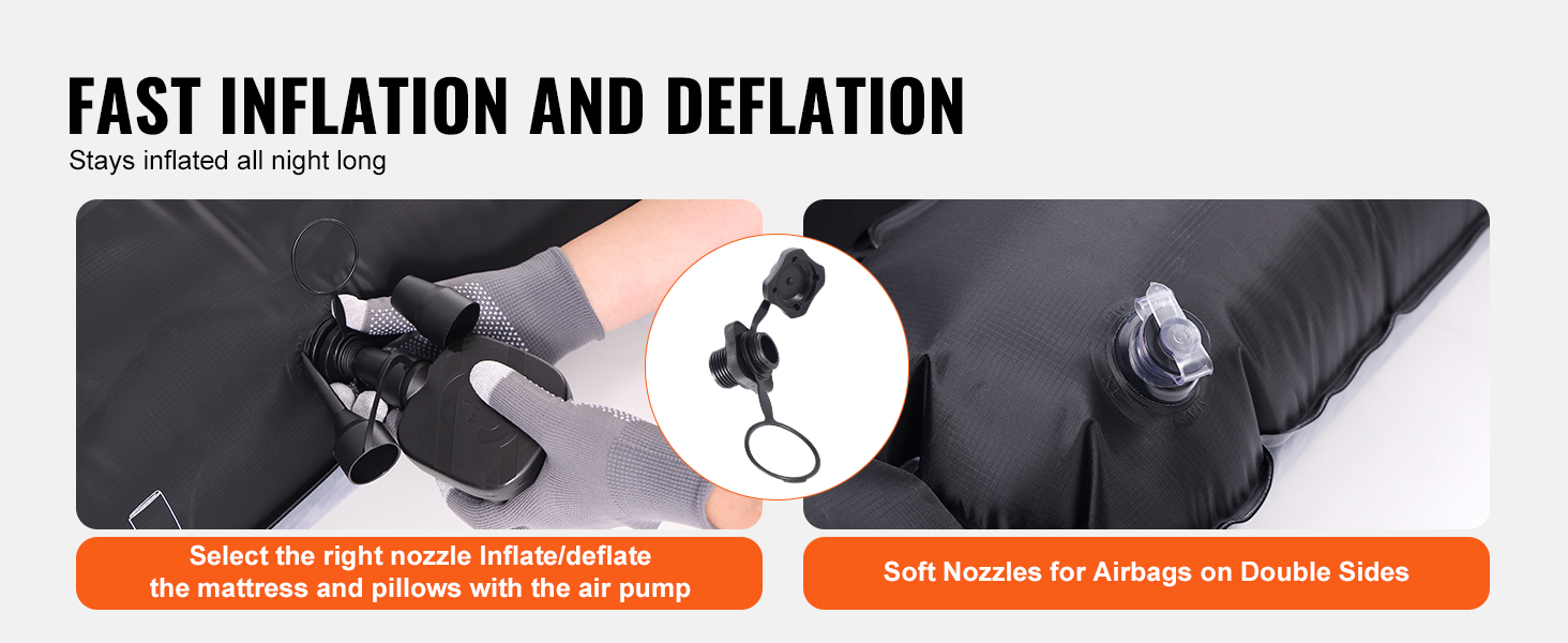 fast inflation and deflation for VEVOR truck bed air mattress, showing nozzles and air pump connection.