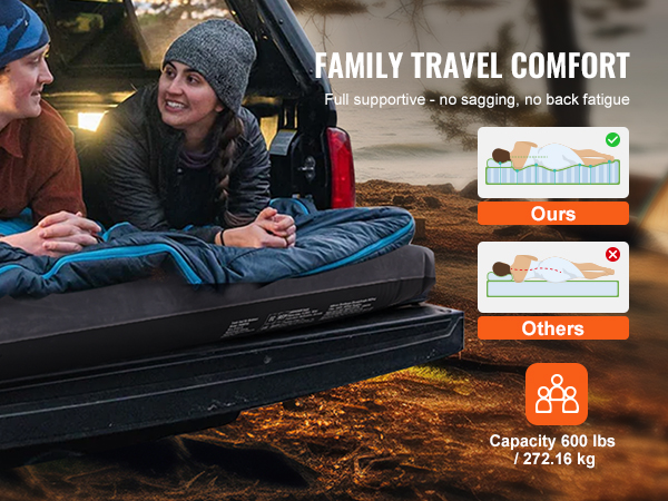 family enjoying VEVOR truck bed air mattress for comfortable travel, 800 lbs capacity, supportive design.