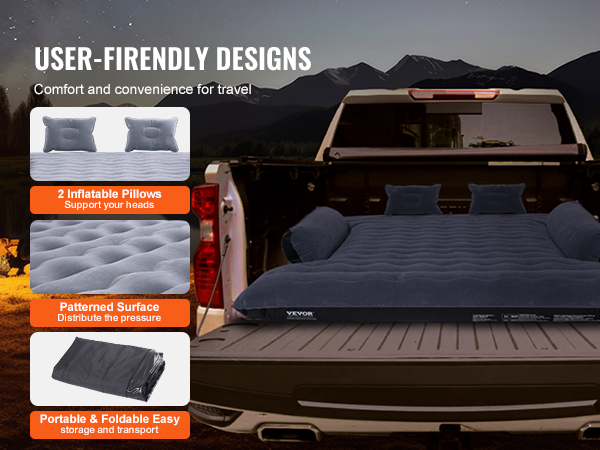 user-friendly VEVOR truck bed air mattress with 2 inflatable pillows, patterned surface, and foldable design.