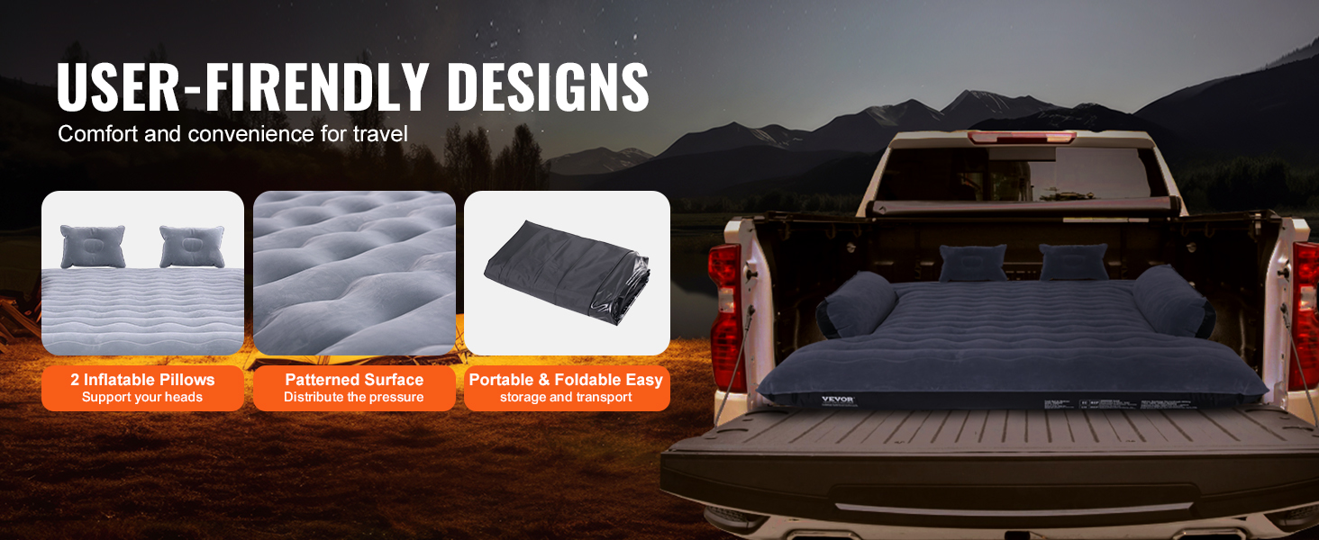 user-friendly VEVOR truck bed air mattress with 2 inflatable pillows, patterned surface, and foldable design.