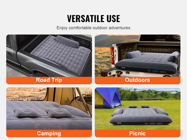 VEVOR truck bed air mattress for road trips, camping, outdoor adventures, and picnics.