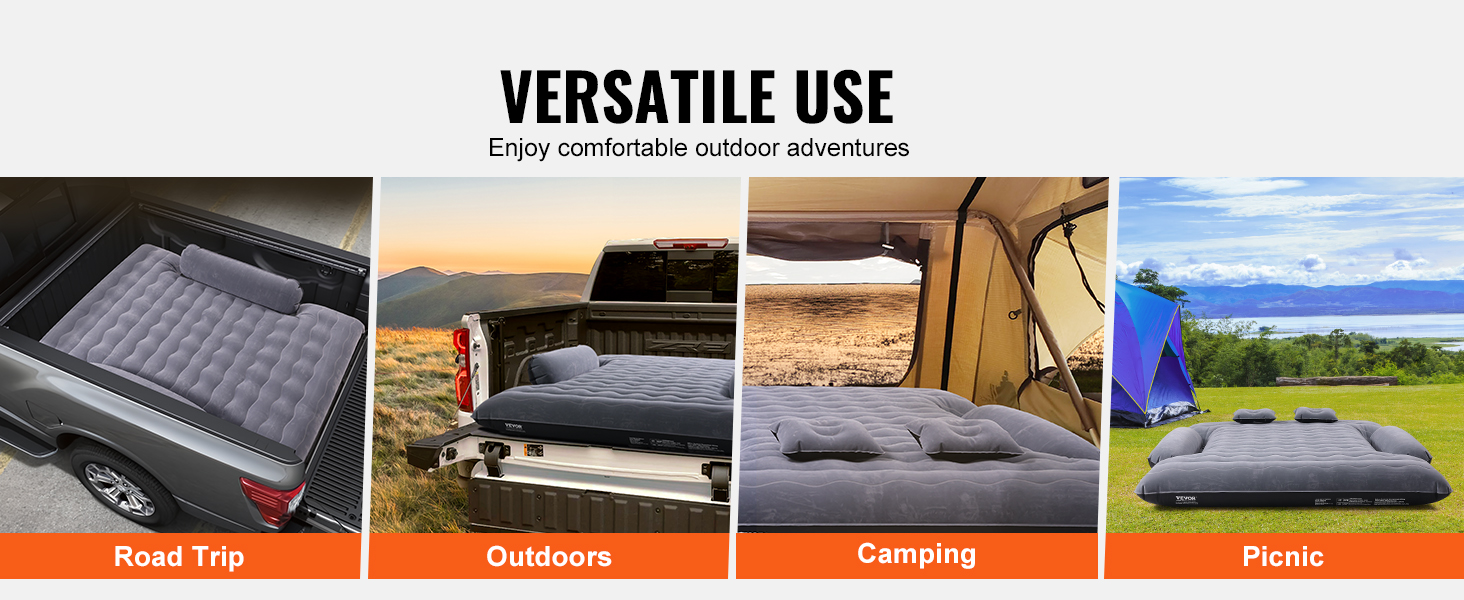 VEVOR truck bed air mattress for road trips, camping, outdoor adventures, and picnics.