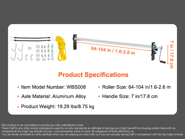 VEVOR hand crank tarp roller kit specifications with model wbs008 and aluminum alloy axle material.