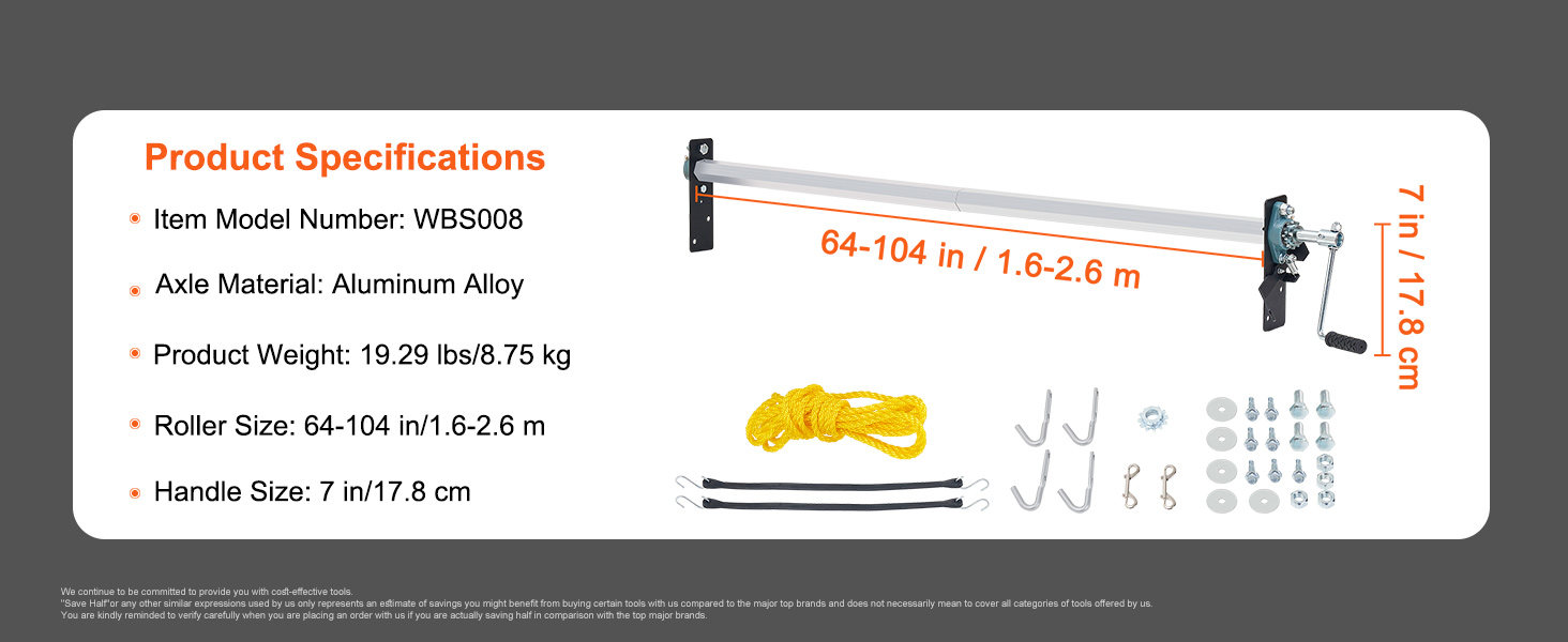 VEVOR hand crank tarp roller kit specifications with model wbs008 and aluminum alloy axle material.