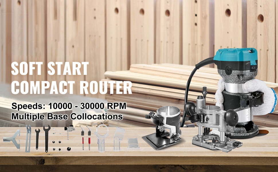 VEVOR compact router with adjustable speeds, various bases, and accessory tools displayed.