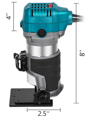 VEVOR compact router, ergonomic design with measurements: 8" height, 4" width, 2.5" base.