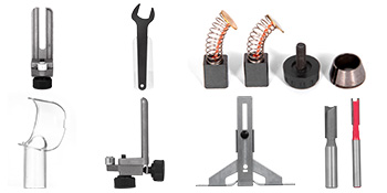 VEVOR compact router accessories including bits, wrenches, springs, and guide fixtures.