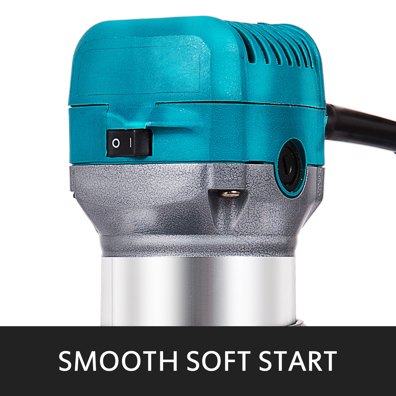 VEVOR compact router with smooth soft start feature, power switch on turquoise top.