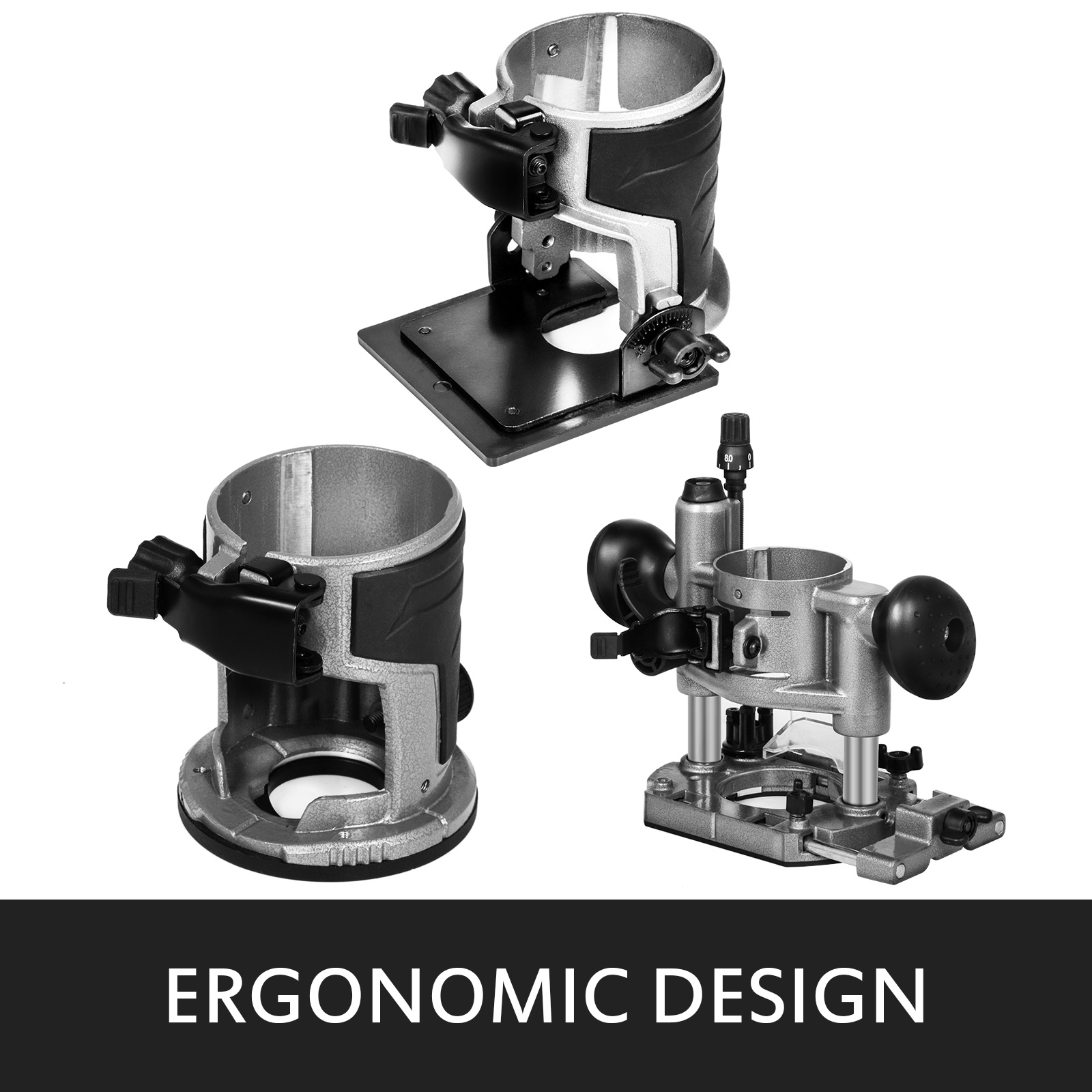 ergonomic design of VEVOR compact router with various attachments shown.