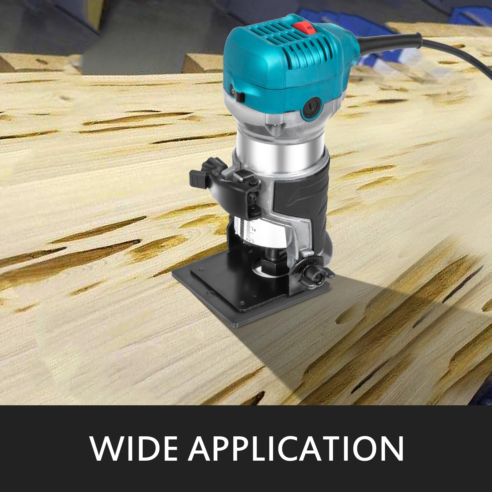 VEVOR compact router in action on a wooden surface, showcasing its wide application.