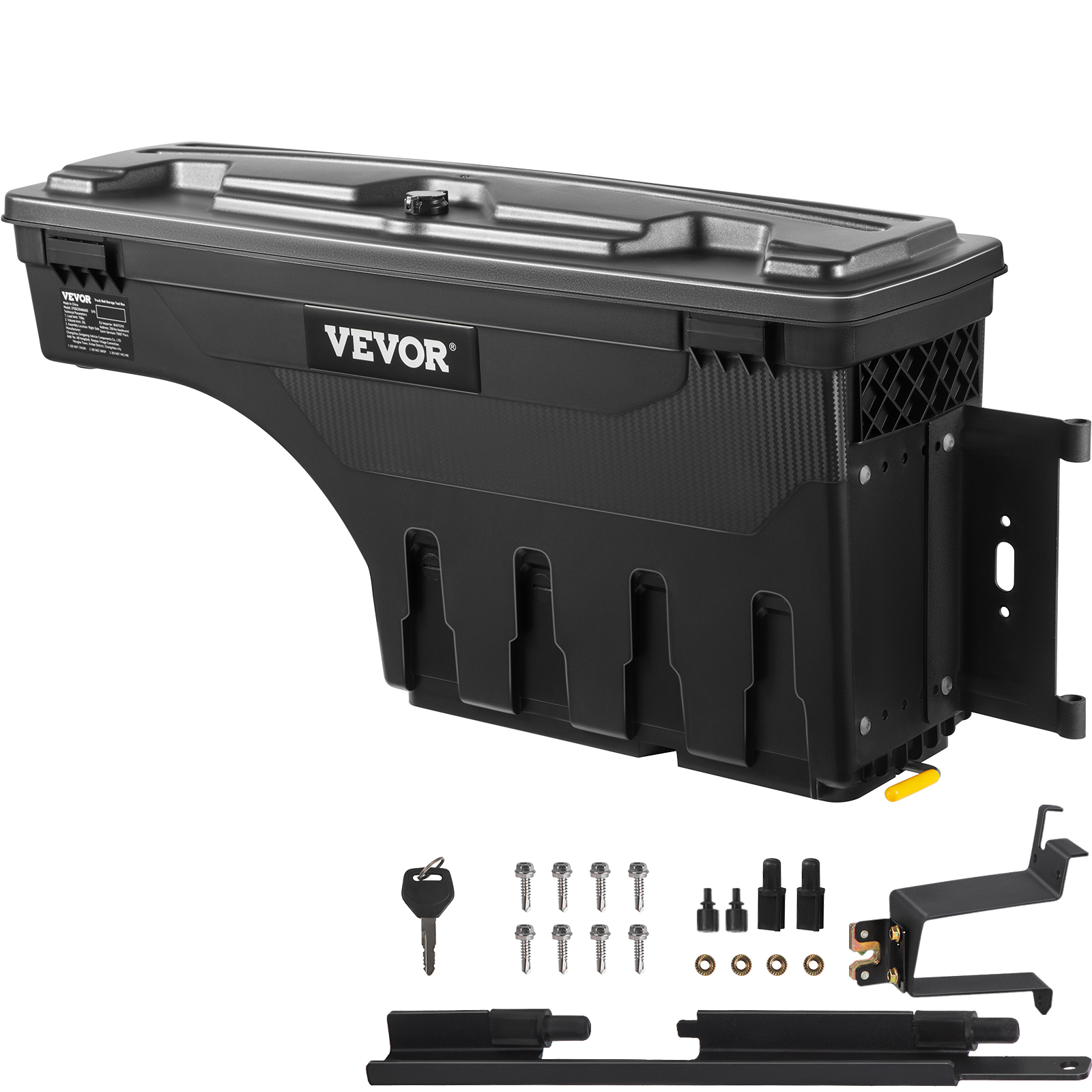 VEVOR truck bed storage box with key, screws, and mounting hardware. black, durable, and lockable unit.