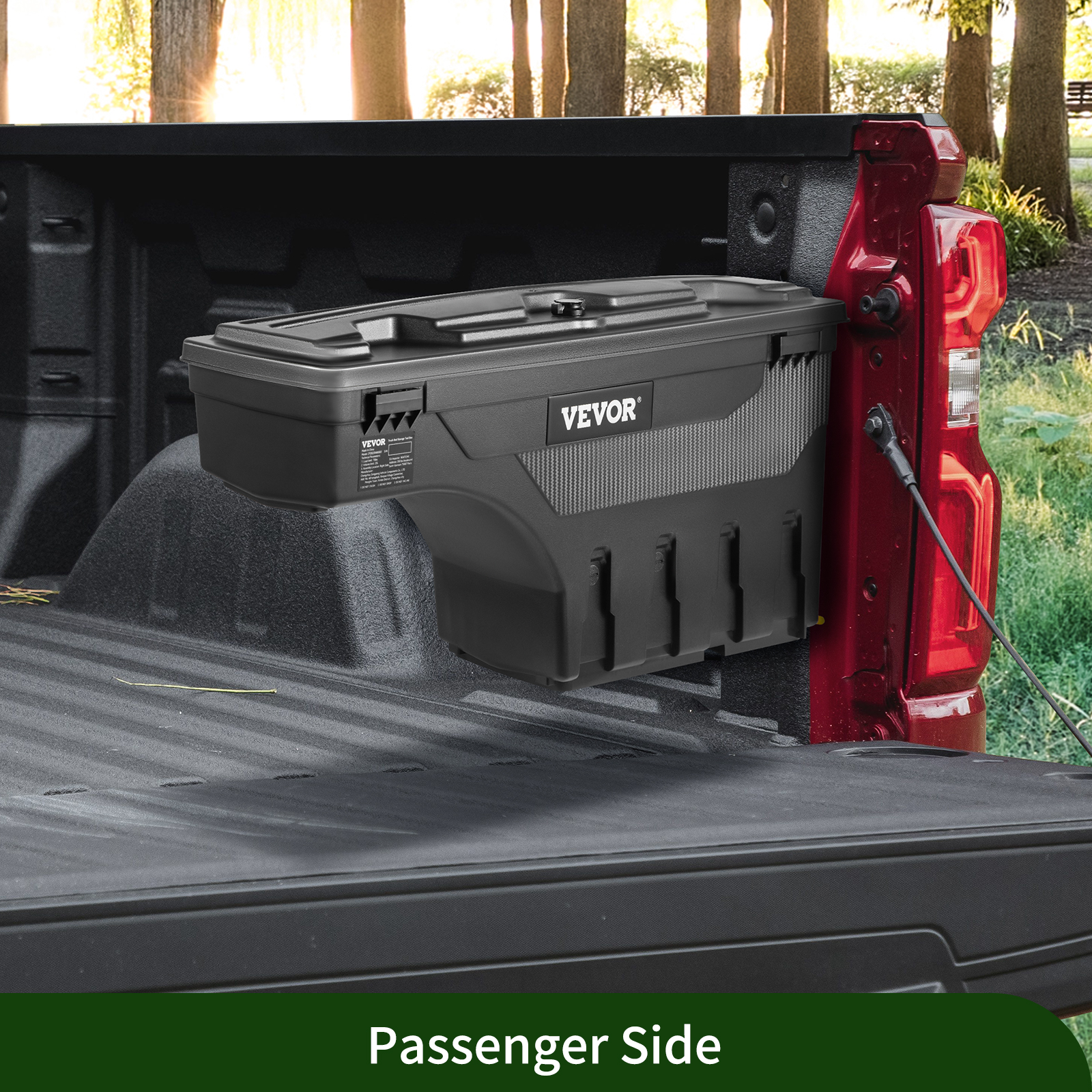 VEVOR truck bed storage box installed on a red pickup truck, mounted on the passenger side.