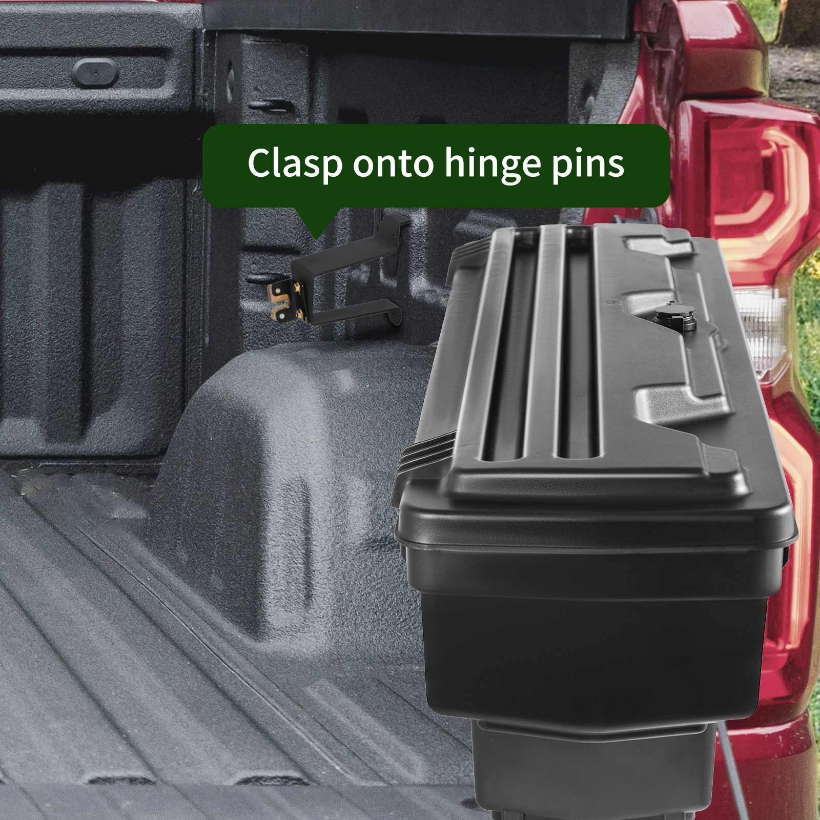 VEVOR truck bed storage box positioned in a truck bed with a green "clasp onto hinge pins" label.