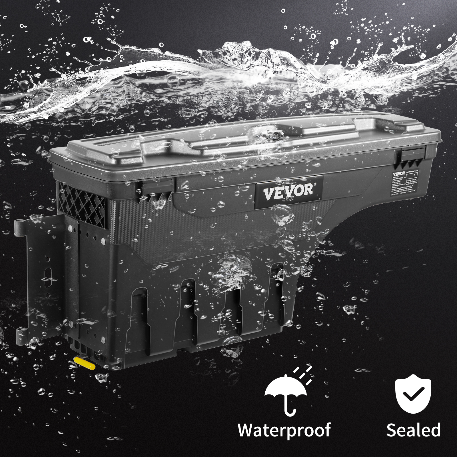 VEVOR truck bed storage box shown underwater with waterproof and sealed features displayed.