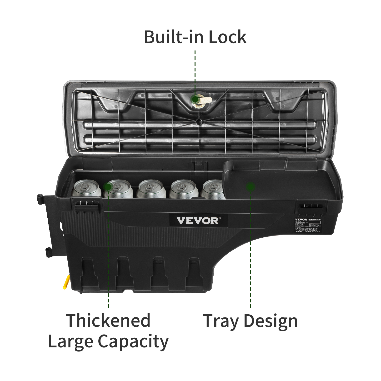 VEVOR truck bed storage box with built-in lock, thickened large capacity, and tray design for cans.