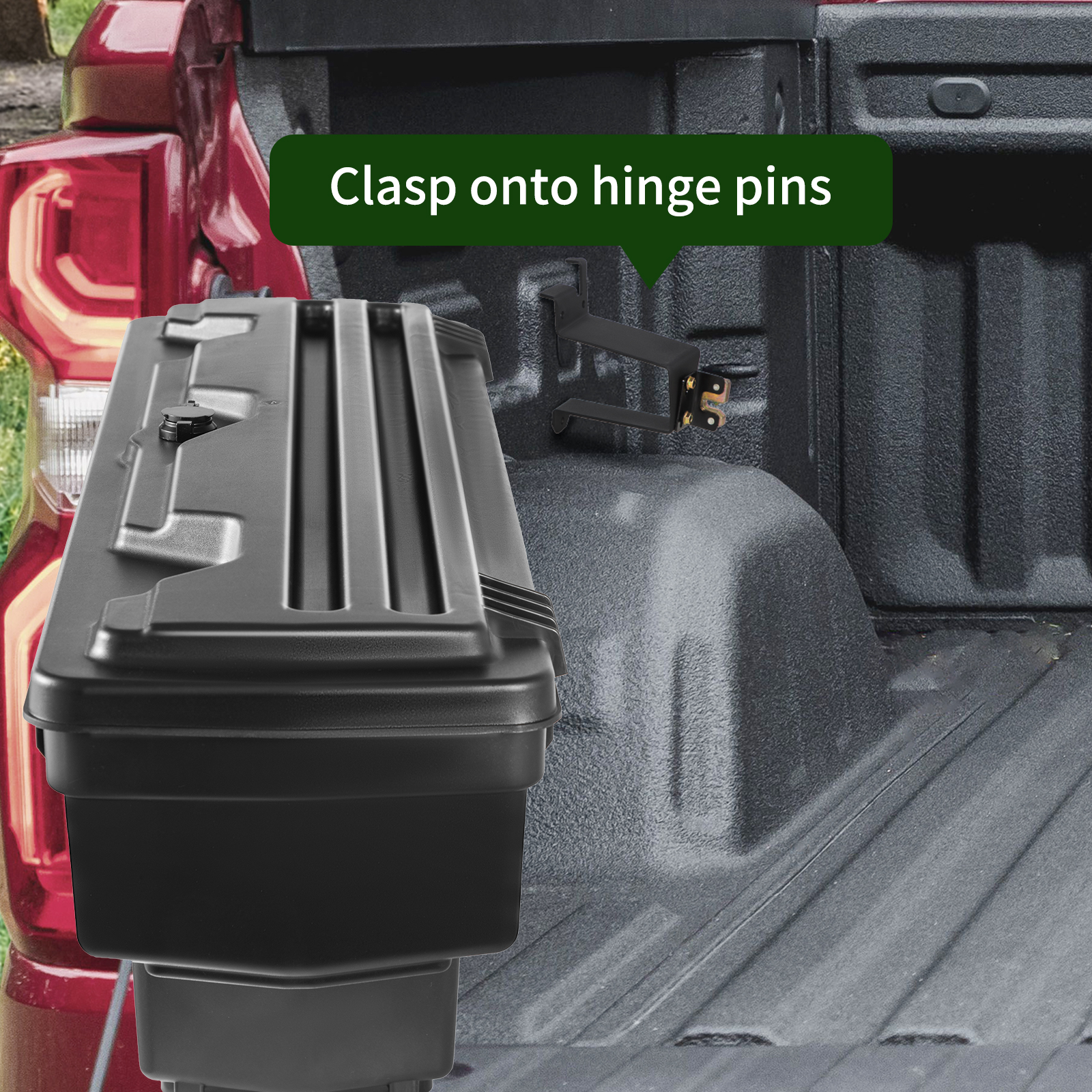 black VEVOR truck bed storage box with clasp mechanism for easy installation onto hinge pins in red truck.