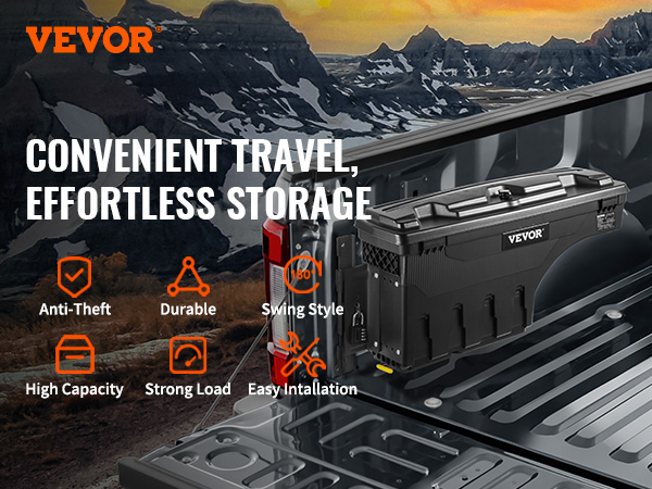 VEVOR truck bed storage box offering anti-theft, durable, high capacity, swing style, and easy installation.